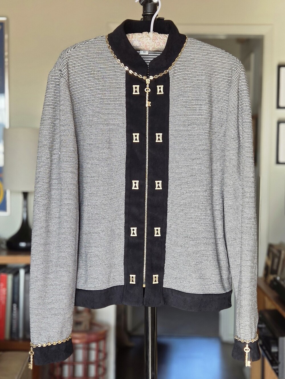 St. John Collection By Marie Gray Black & White Striped Lock & Key Trim Jacket
